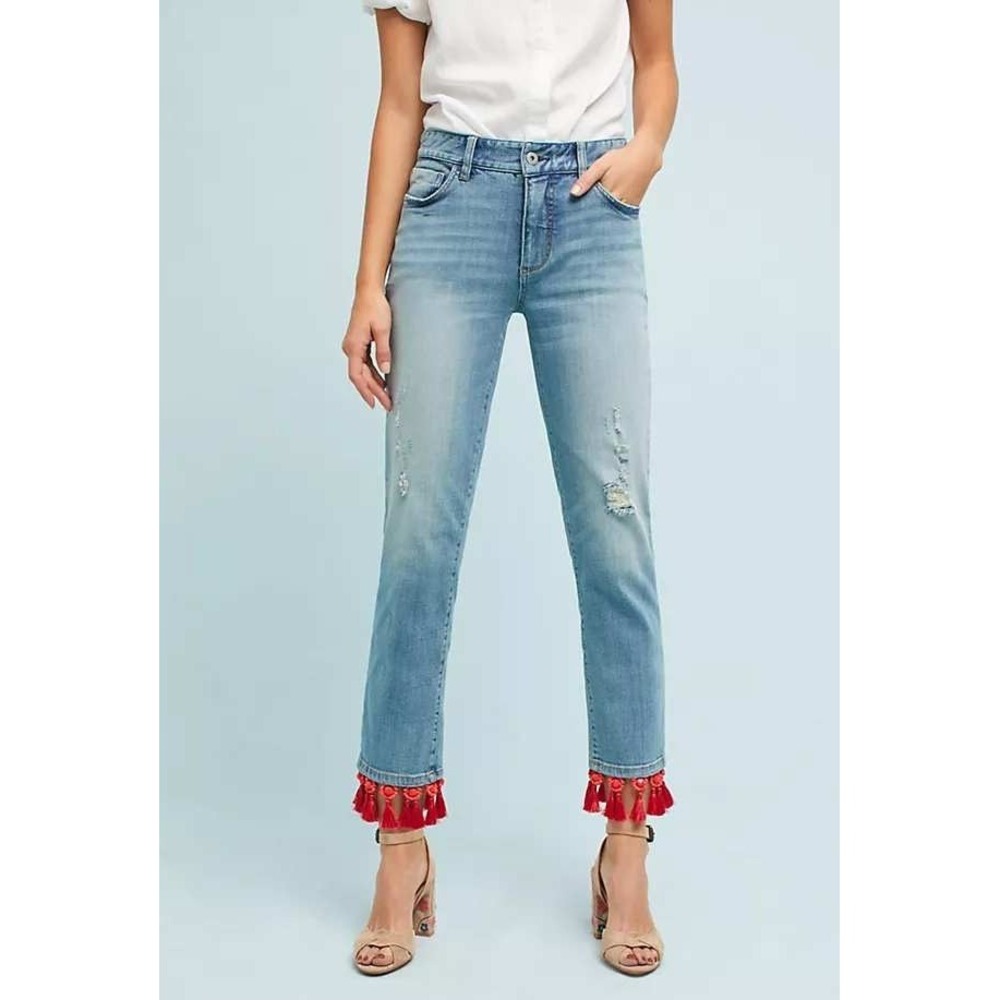 Anthropologie Pilcro Slim Boyfriend Jeans Mid Rise Red Beaded Tassel Hem Size 25